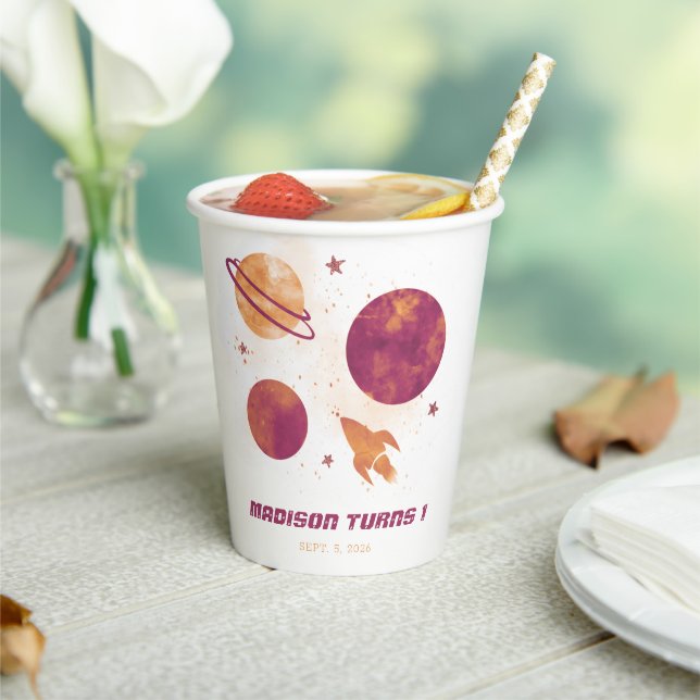 Outer Space Watercolor Planet Girl 1st Birthday Paper Cups (Insitu)