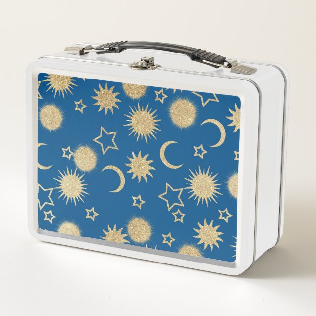 Outerspace navy blue gold glitter starry moon sun metal lunch box (Front)