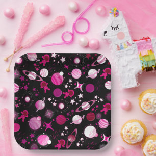 outerspace planet galaxy moon and stars pattern paper plate