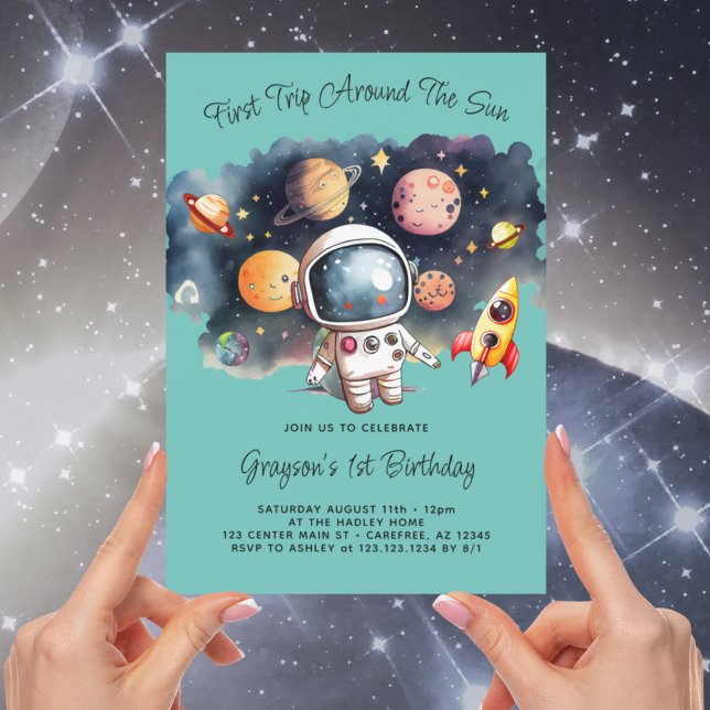 Outerspace Planets Aqua First Birthday Invitation (Creator Uploaded)
