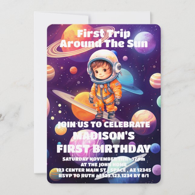 Outerspace Planets Blue Boy First Birthday Invitation (Front)