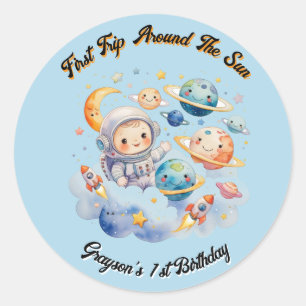 Outerspace Planets Blue First Birthday  Classic Round Sticker