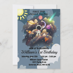 Outerspace Planets Blue First Birthday Invitation