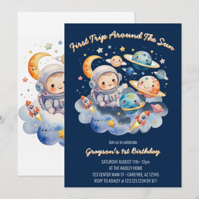 Outerspace Planets Blue First Birthday  Invitation (Front/Back)