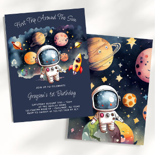 Outerspace Planets Blue First Birthday Invitation