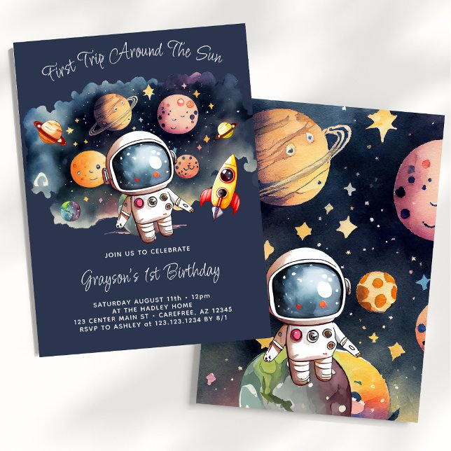 Outerspace Planets Blue First Birthday Invitation (Creator Uploaded)