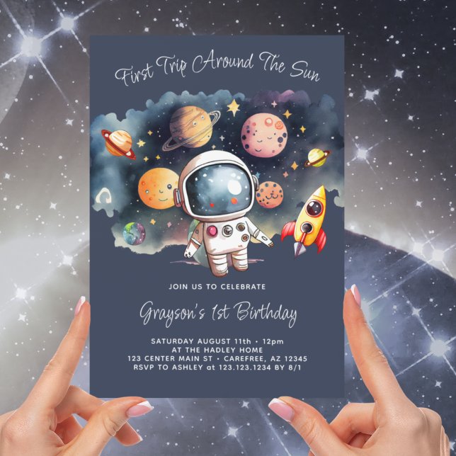 Outerspace Planets Blue First Birthday Invitation (Creator Uploaded)