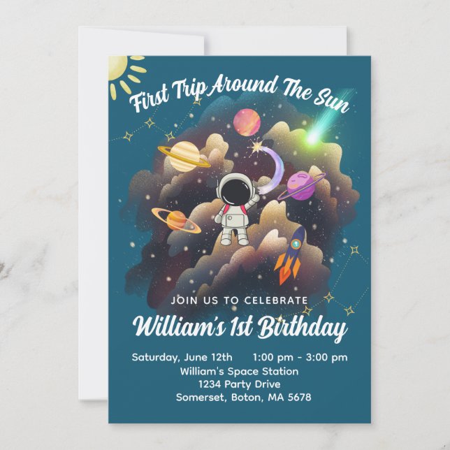 Outerspace Planets Blue First Birthday  Invitation (Front)