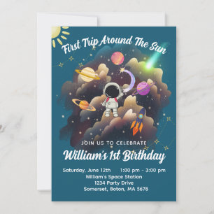 Outerspace Planets Blue First Birthday  Invitation
