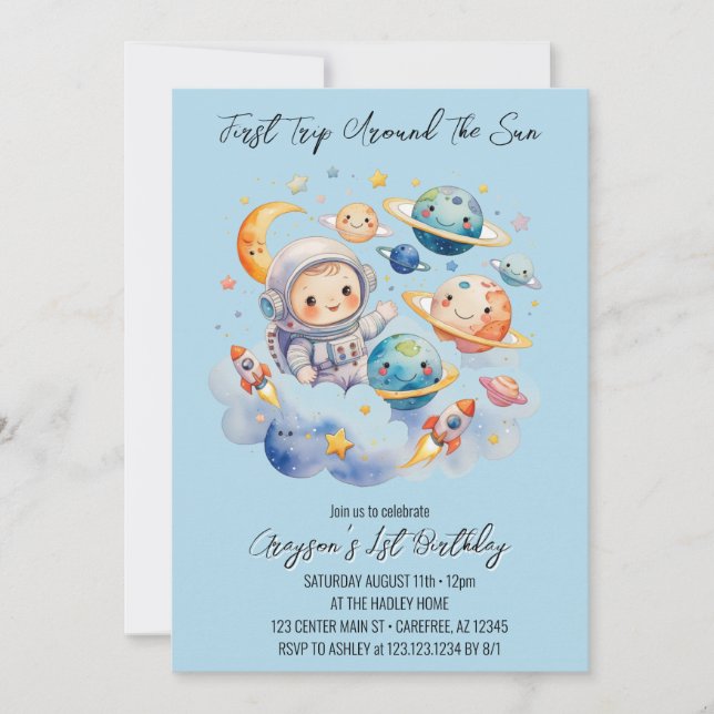 Outerspace Planets Blue First Birthday  Invitation (Front)