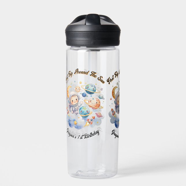 Outerspace Planets Blue First Birthday  Water Bottle (Front)
