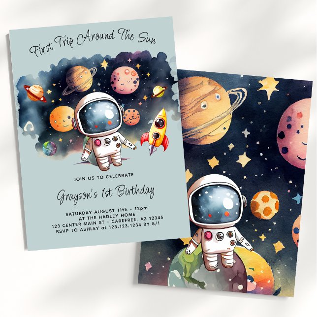 Outerspace Planets Dusty Blue First Birthday Invitation (Creator Uploaded)