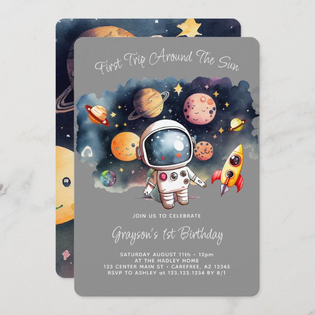 Outerspace Planets Grey First Birthday Invitation (Front/Back)