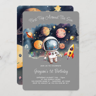 Outerspace Planets Grey First Birthday Invitation