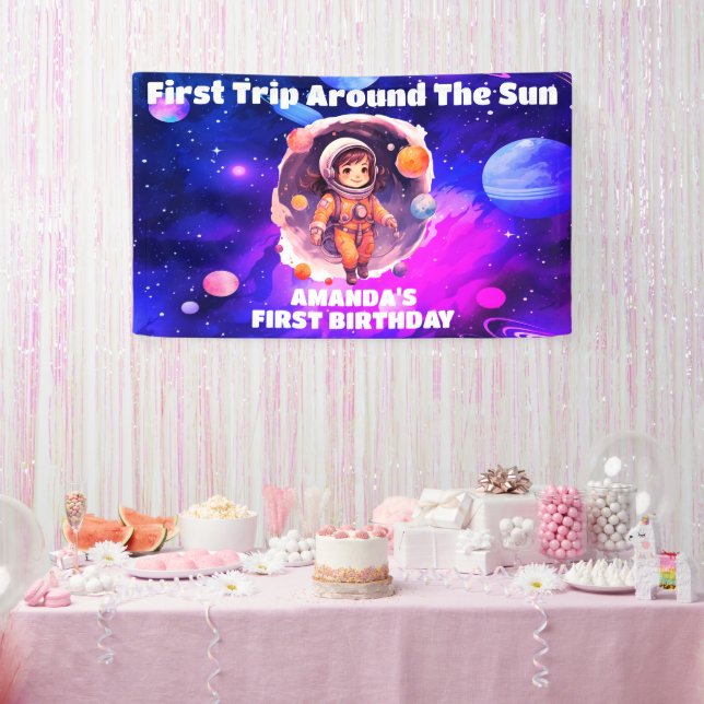 Outerspace Planets Pink Girl First Birthday Banner (Party)