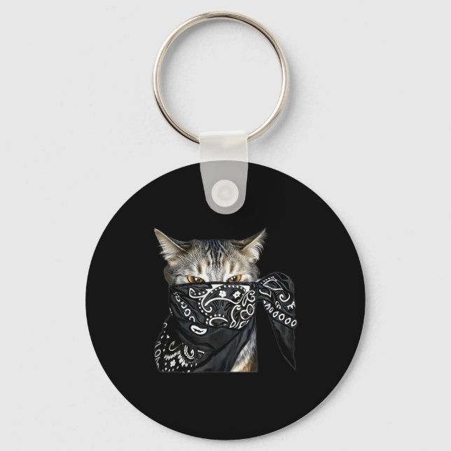 Outlaw Cat Funny Gangster Cat With Bandanna  Key Ring (Front)