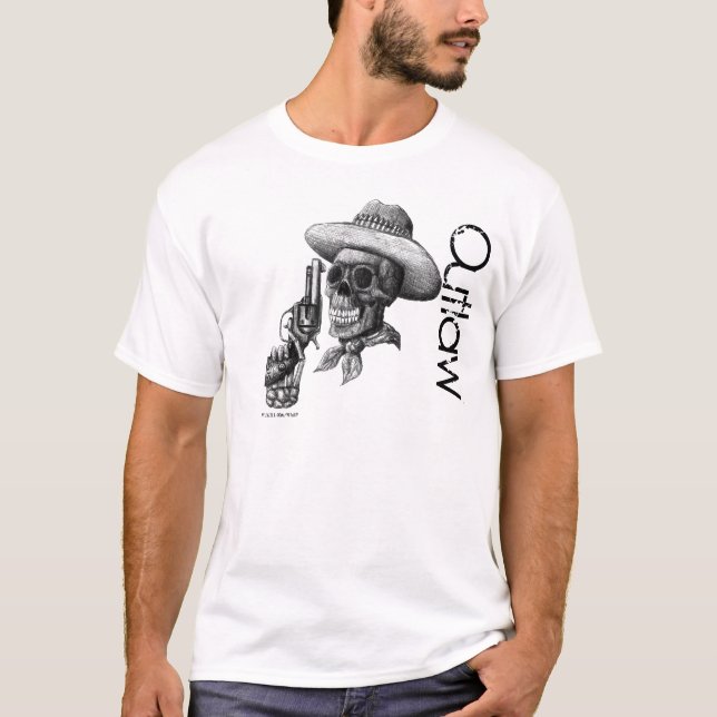 Outlaw skull and gun ink pen drawing art tshirt (Front)