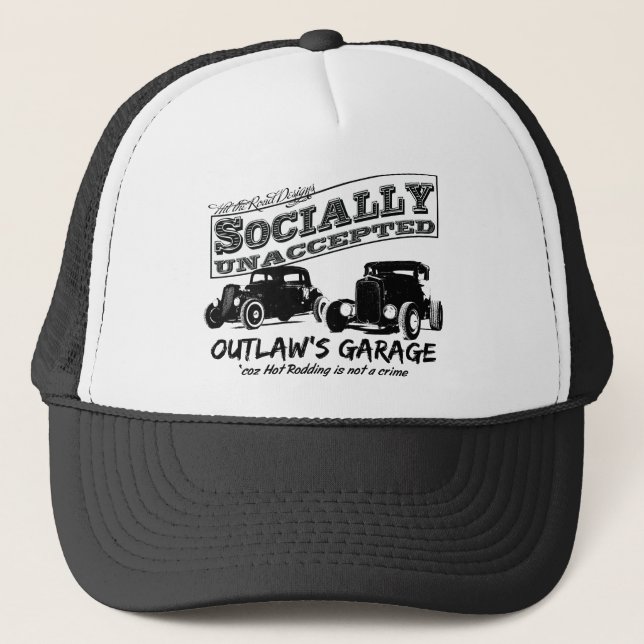 Outlaw's Garage. Socially unaccepted Hot Rods Trucker Hat (Front)