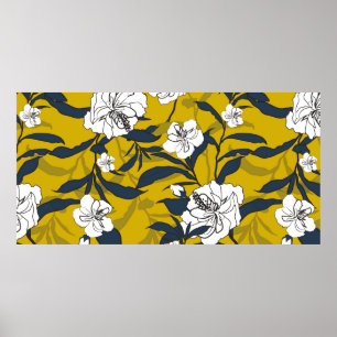 Outline blooming flower Vintage illustration. Seam Poster