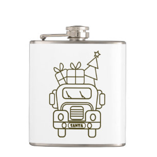 Outline Christmas truck Santa car front view Hip Flask