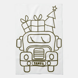 Outline Christmas truck Santa car front view Tea Towel