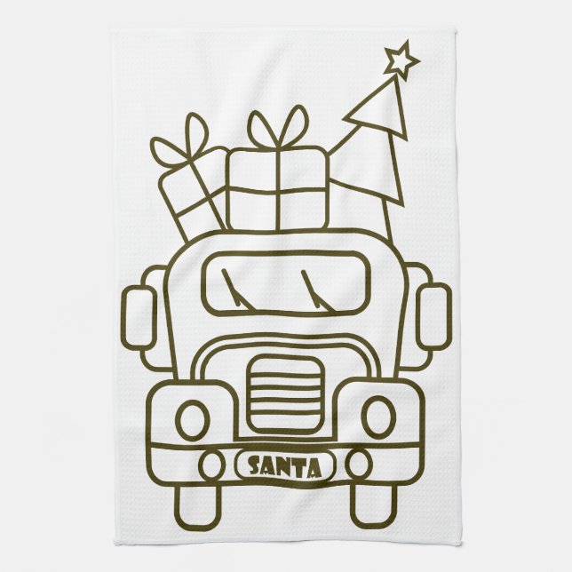 Outline Christmas truck Santa car front view Tea Towel (Vertical)
