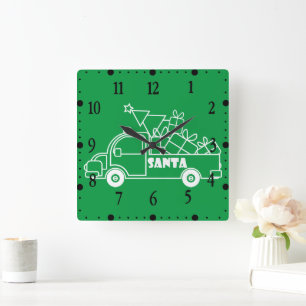 Outline Christmas truck Santa car side view Square Wall Clock
