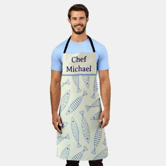 Outline Doodle Blue Sardine Fish Chef's Apron