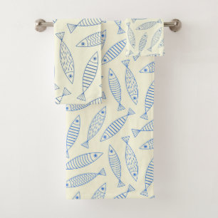 Outline Doodle Blue Sardine Fish Pattern Bath Towel Set