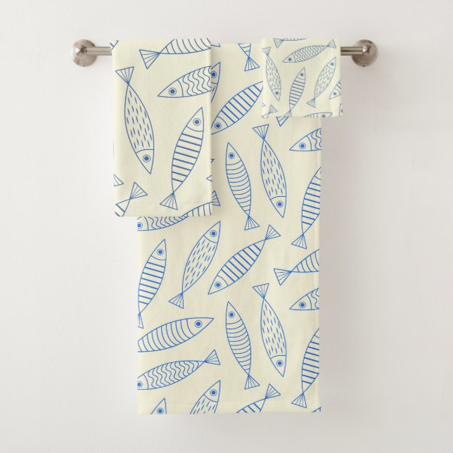 Outline Doodle Blue Sardine Fish Pattern  Bath Towel Set (Insitu)