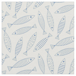 Outline Doodle Blue Sardine Fish Pattern Fabric