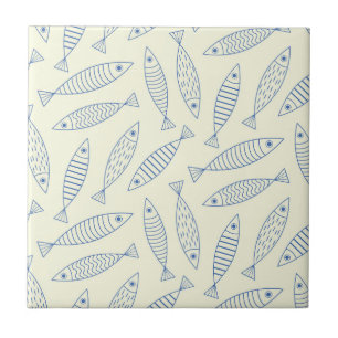 Outline Doodle Blue Sardine Fish Pattern Tile