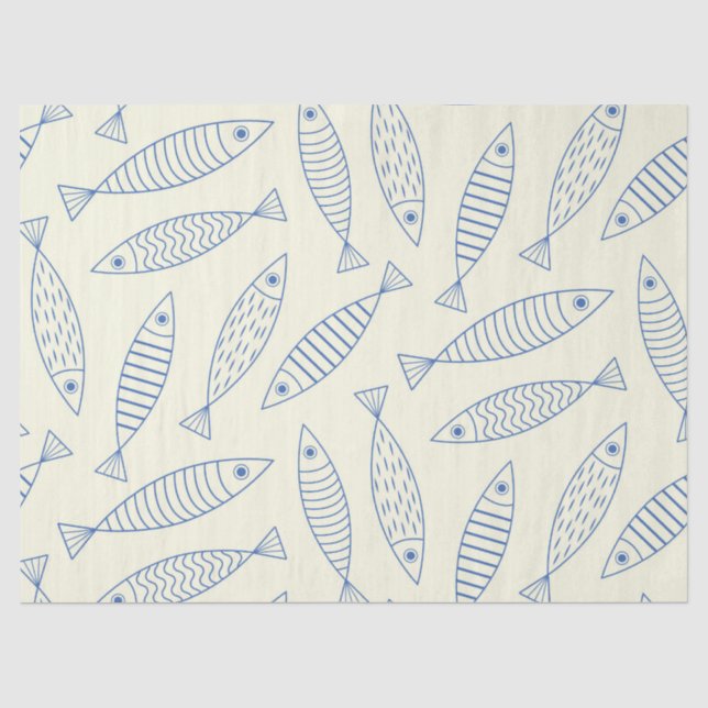 Outline Doodle Blue Sardine Fish Pattern  Tissue Paper (Front)