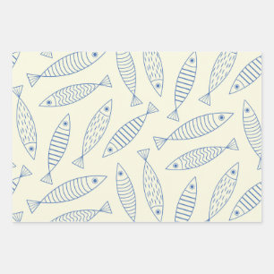 Outline Doodle Blue Sardine Fish Pattern Wrapping Paper Sheet