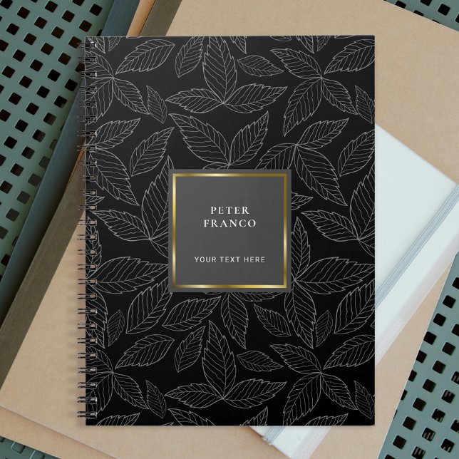 Outline Leaves Pattern | Black Gold Frame Monogram Notebook (Creator Uploaded)