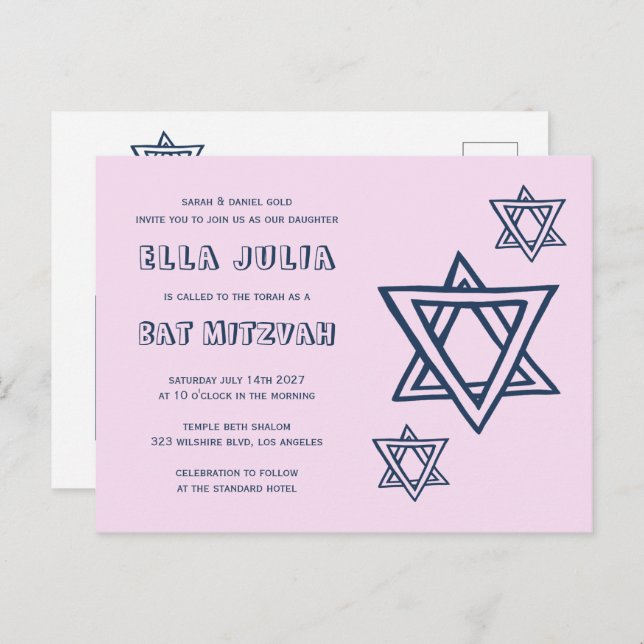 OUTLINE LETTER STAR of DAVID Custom QR BAT Mitzvah Postcard (Front/Back)