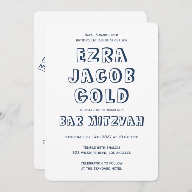 OUTLINE LETTERS STAR OF DAVID Custom Bar Mitzvah Invitation (Front/Back)