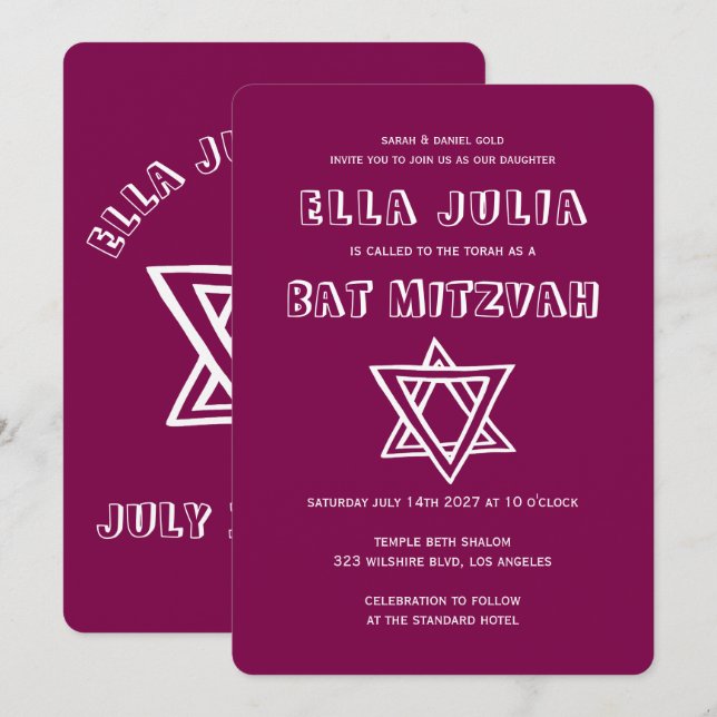 OUTLINE LETTERS STAR OF DAVID Custom Bat Mitzvah Invitation (Front/Back)