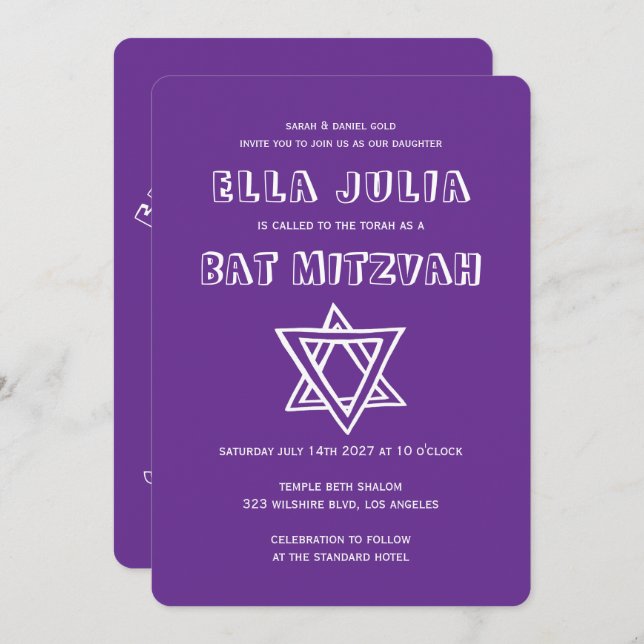 OUTLINE LETTERS STAR OF DAVID Custom Bat Mitzvah Invitation (Front/Back)