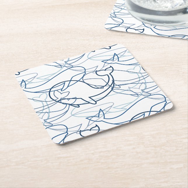 Outline whales square paper coaster (Angled)