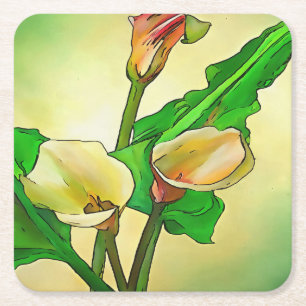 Outlined Calla Lilies Against A Green Ombre Square Paper Coaster