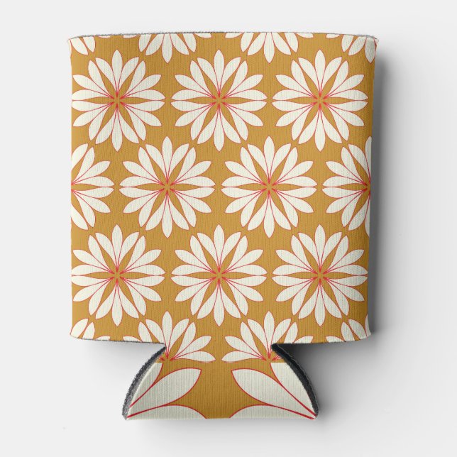 Outlined floral grid: gold, red, ivory can cooler (Front)
