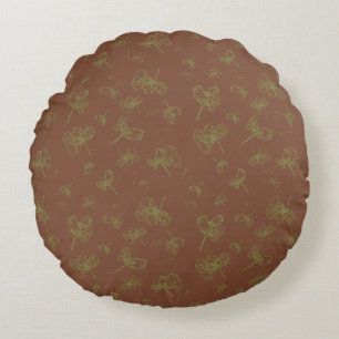 Outlined Green and Marron Red Floral Round Cushion