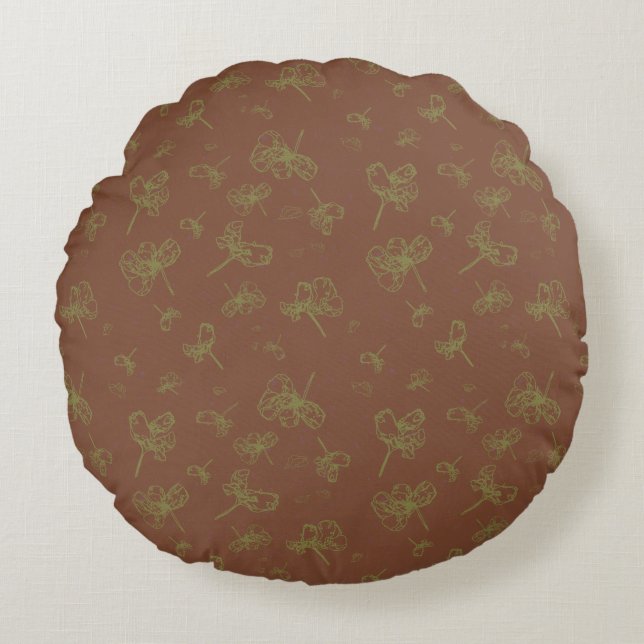 Outlined Green and Marron Red Floral Round Cushion (Front)