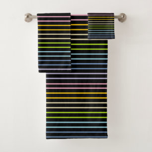 Outlined Pastel Rainbow Stripes Black Bath Towel Set