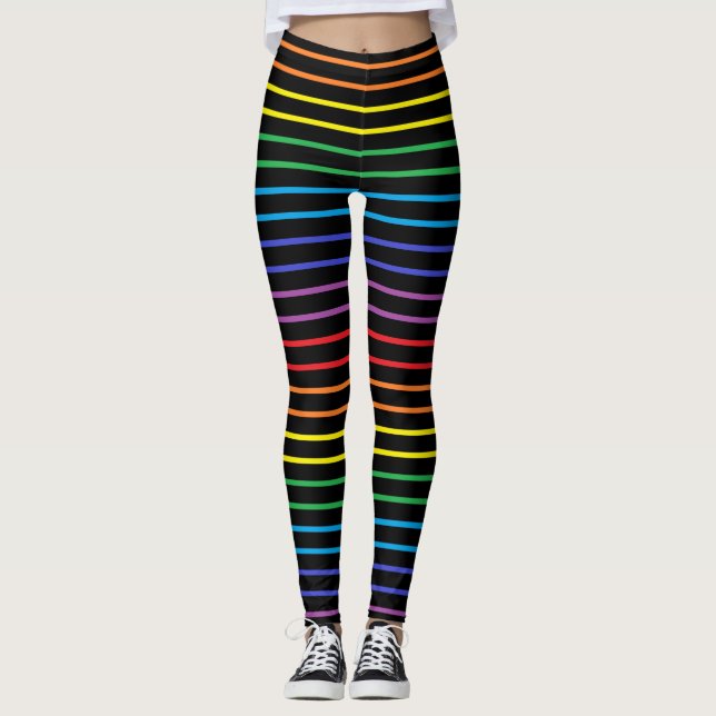 Outlined Rainbow Stripes Black Leggings (Front)