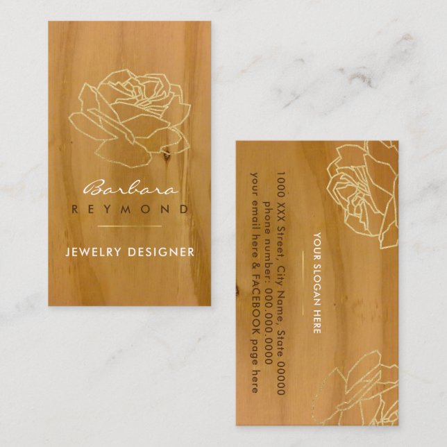 outlined rose flower on wood, jewellery designer business card (Front/Back)