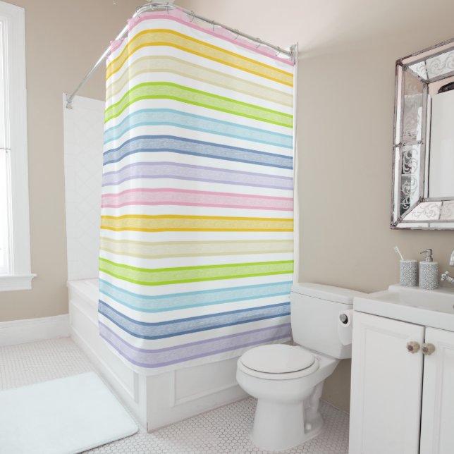 Outlined Stripes Pastel Rainbow Shower Curtain (In Situ)