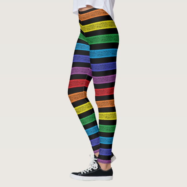 Outlined Stripes Rainbow Black Leggings (Left)