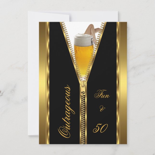Outrageous Fun & 50 Zipper Gold Beer Drink Invitation (Front)